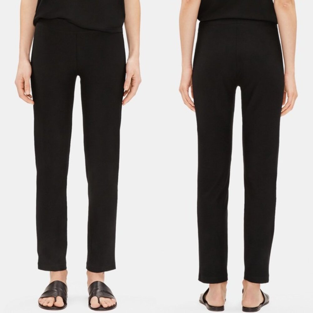 EILEEN FISHER black stretch washable crepe knit pants elastic waist cut hem sz L